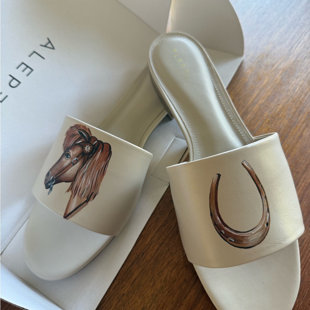 Alepel Cream Slide Sandals with Horse Design